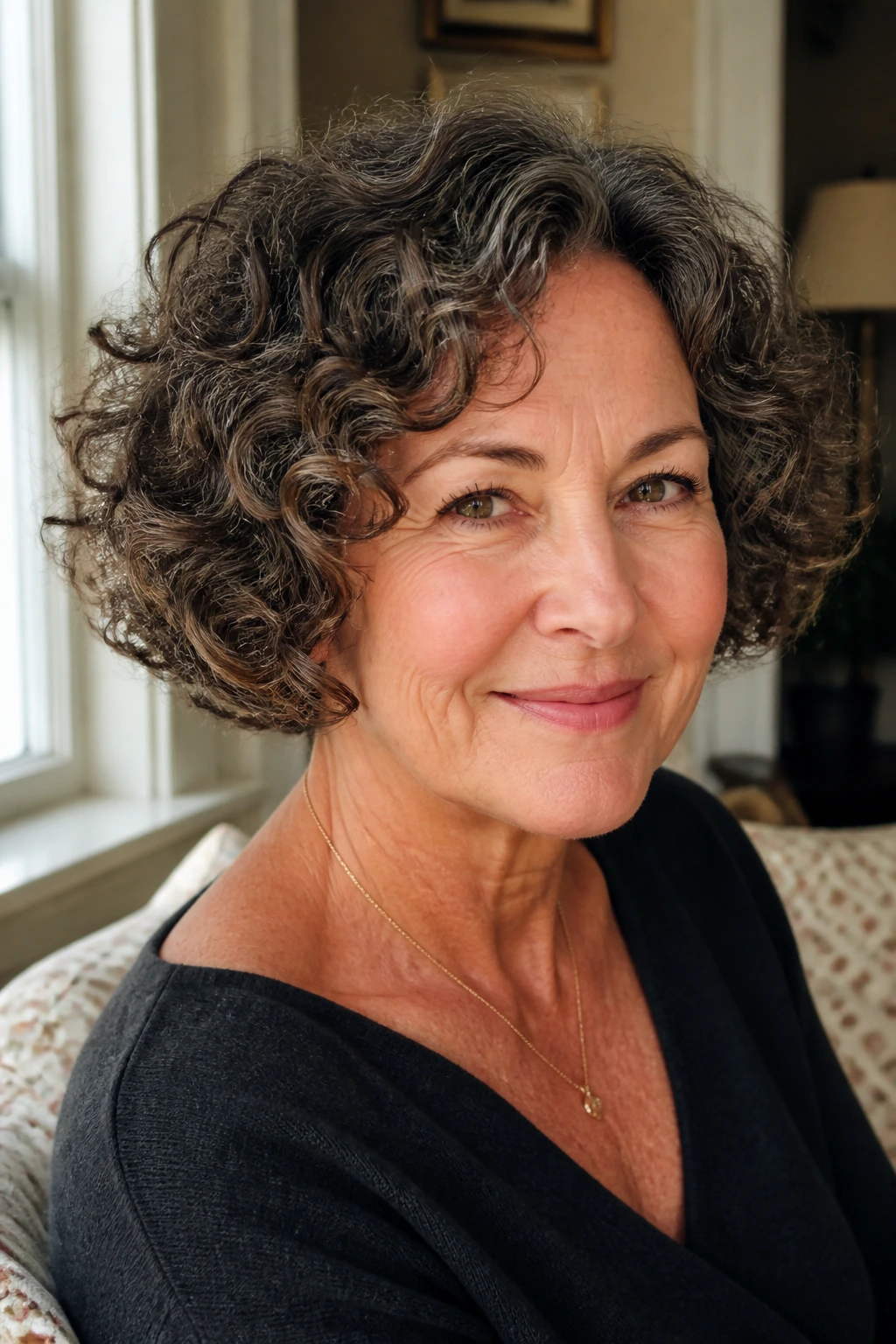 Real woman with jaw-length curly bob in soft daylight
