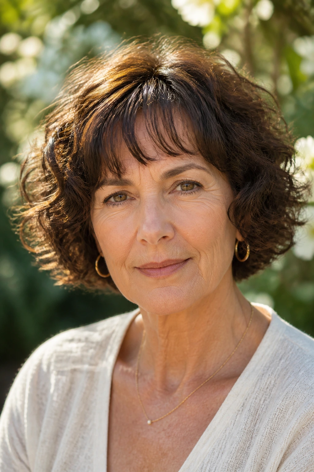 Close-up portrait of woman with Short Curly Bob Bottleneck Bangs