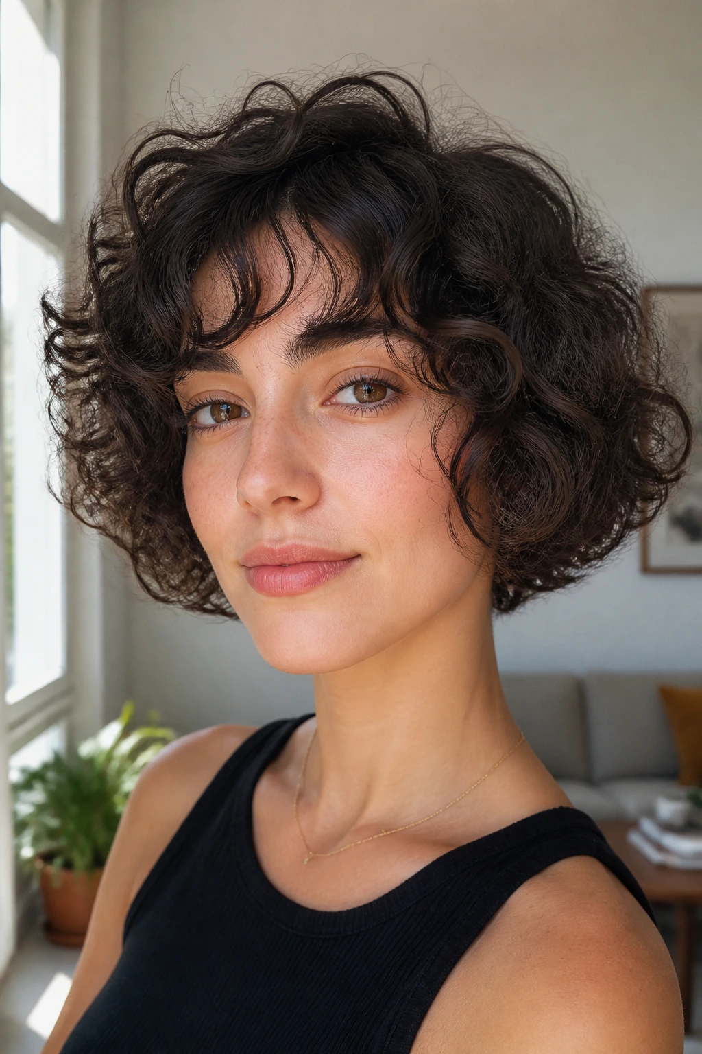 Real person with a short curly bob showing natural curl pattern.