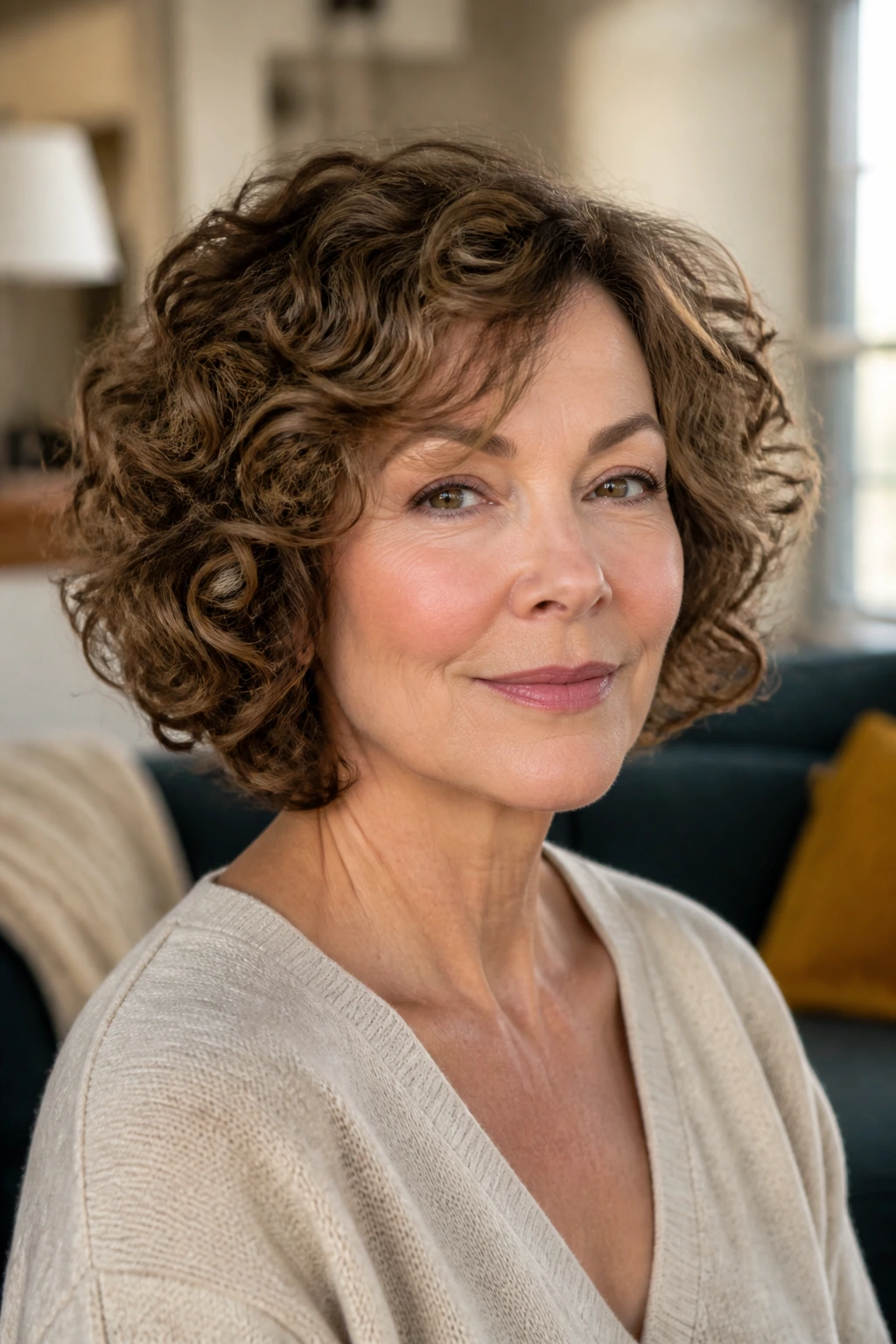 Close-up of a real woman wearing a Triangle-Busting Curly Bob With Hidden Interior Layers.