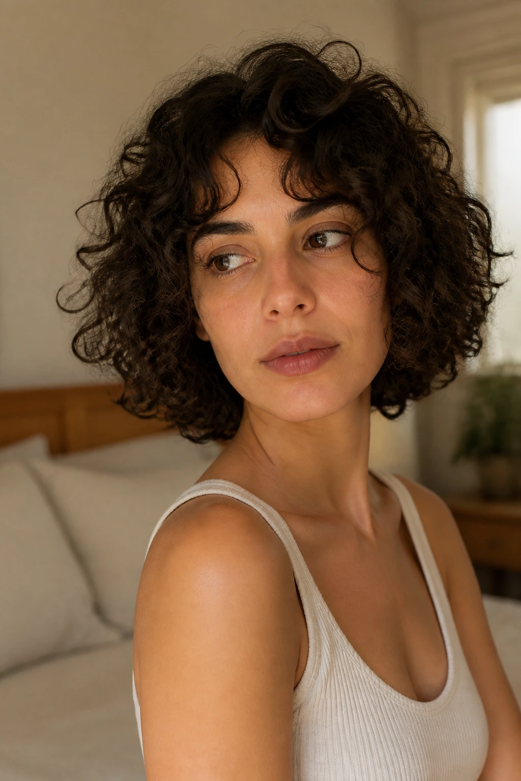 Portrait of a real woman with a short curly bob showcasing day-to-day wear and shape