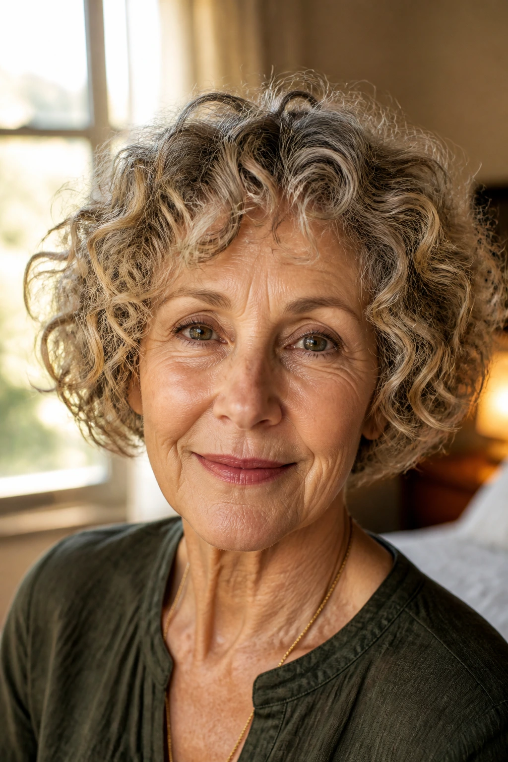 Close-up portrait of a real woman with a jaw-length curly bob showing fine waves in warm window light