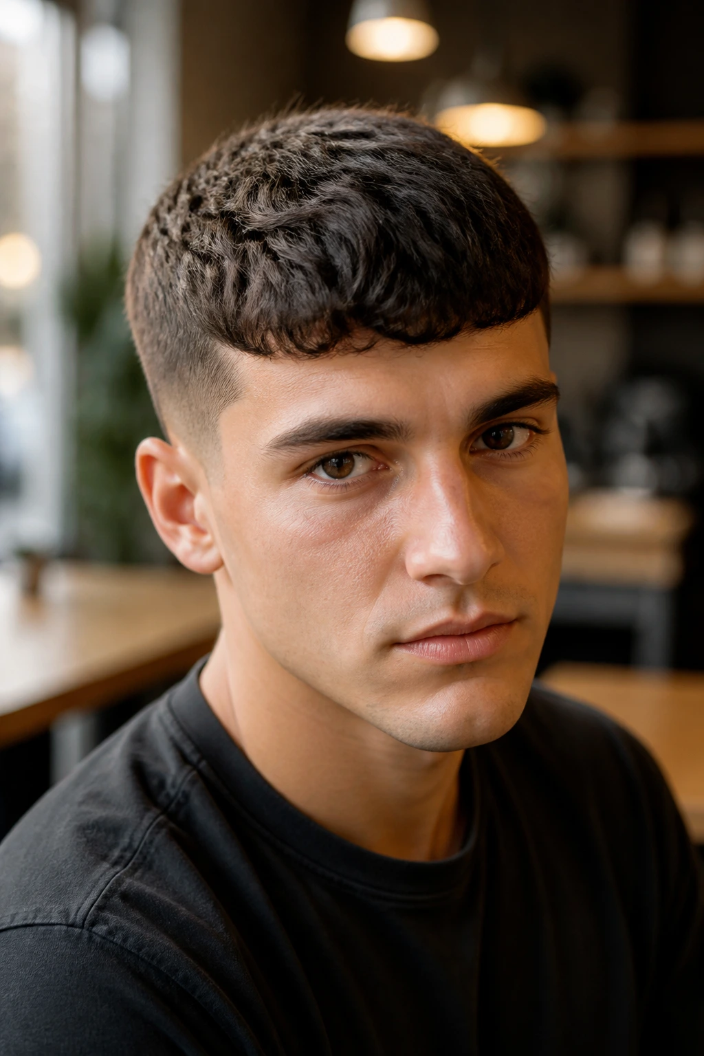 Close-up of a man with short curly Caesar cut in a cafe