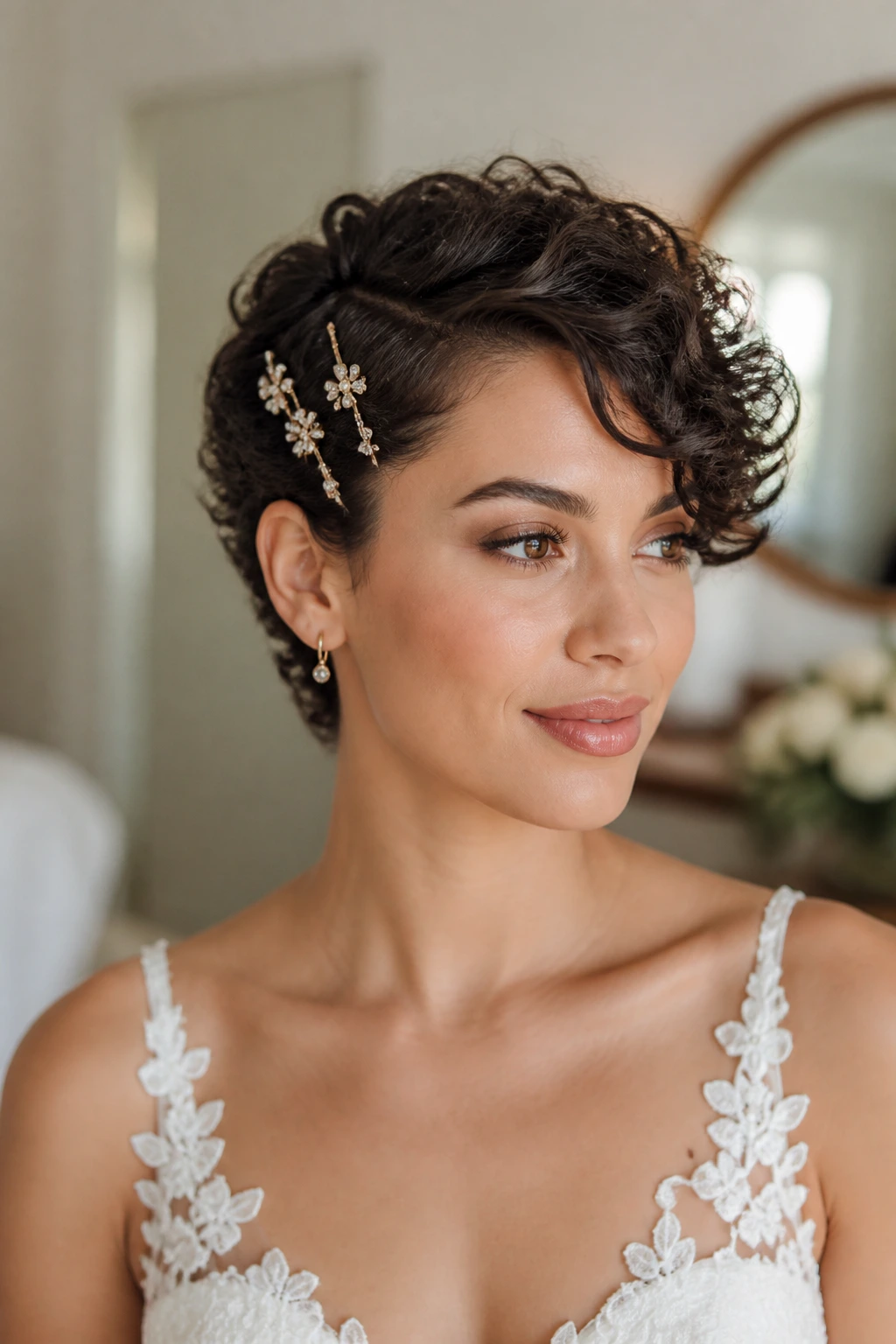 Close-up of a real bride with short curly crop, side sweep and barrettes
