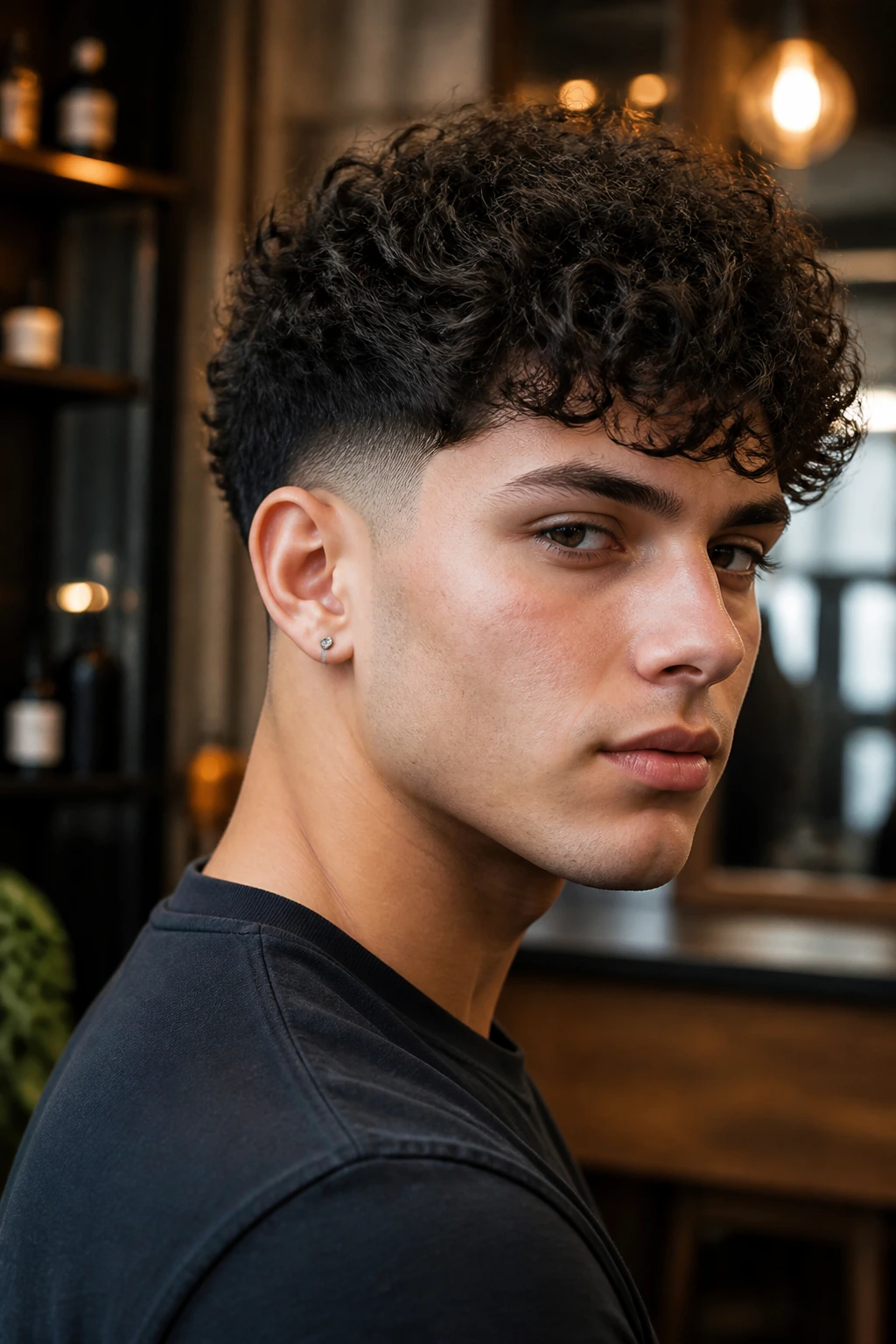 Close-up of a real person with a short curly crop and nape fade