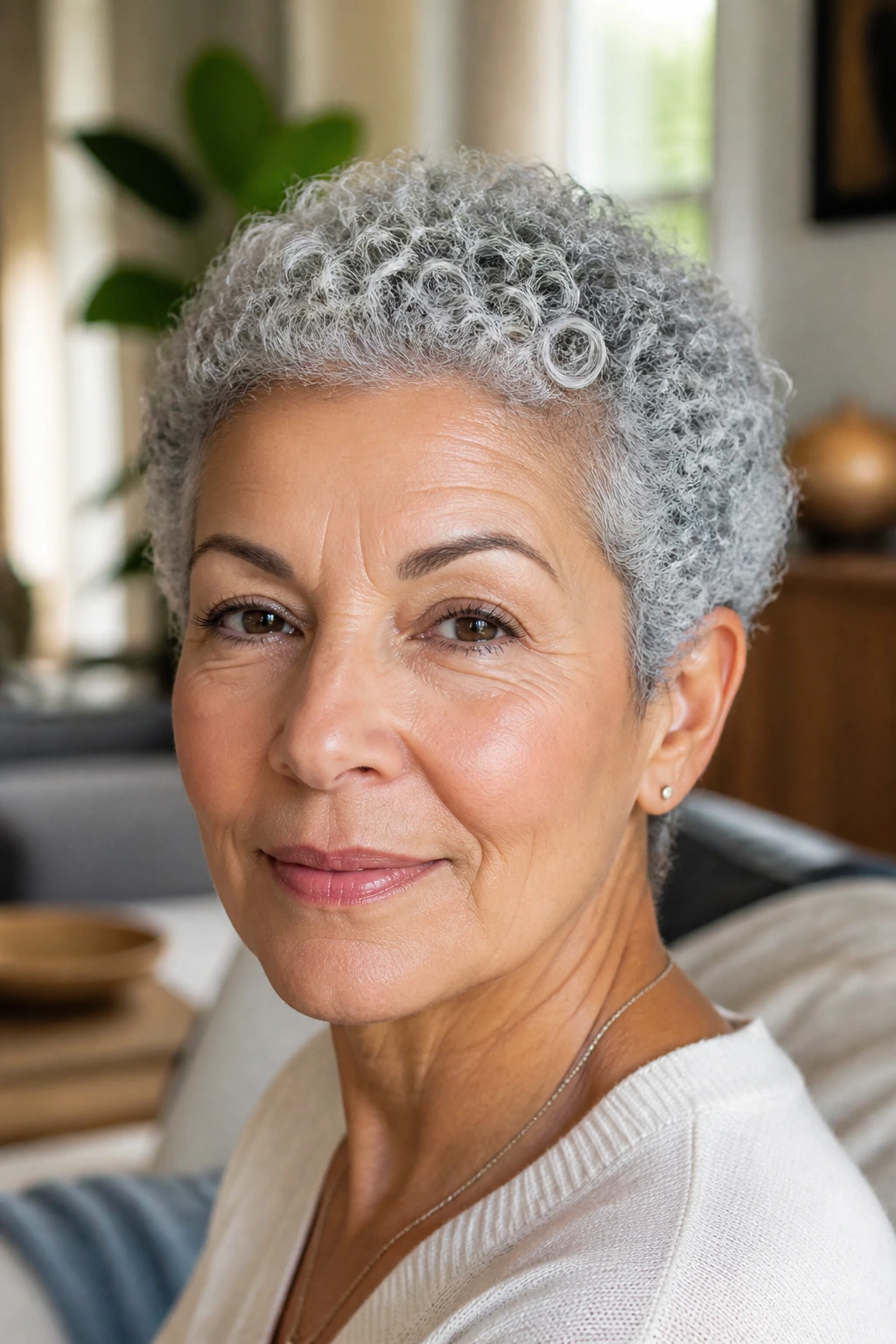 Close-up of a real woman with a short curly gray crop, hair close to head in warm light