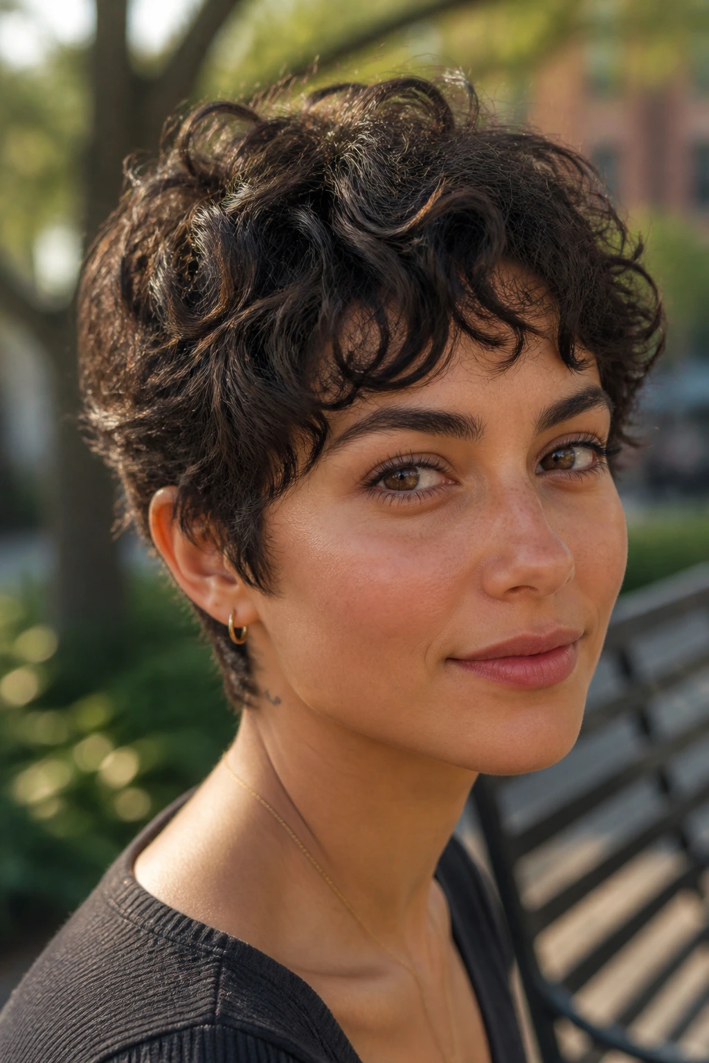 Short curly crop with piecey layers on real person outdoors