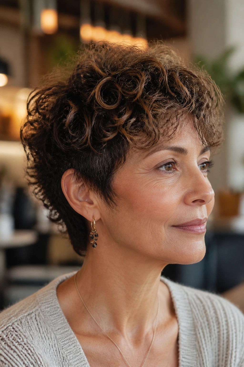 Portrait of a real woman with a short curly crop and neat nape