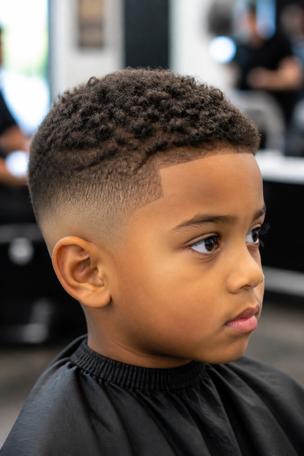 Close-up of a real boy with Short Curly Crop and Skin Fade, crisp top and skin fade