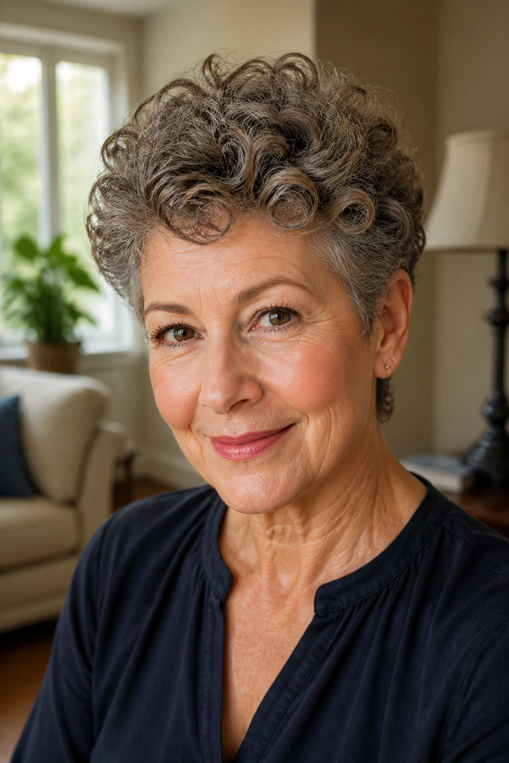 Close-up portrait of a woman with a defined top in short curly hairstyle.