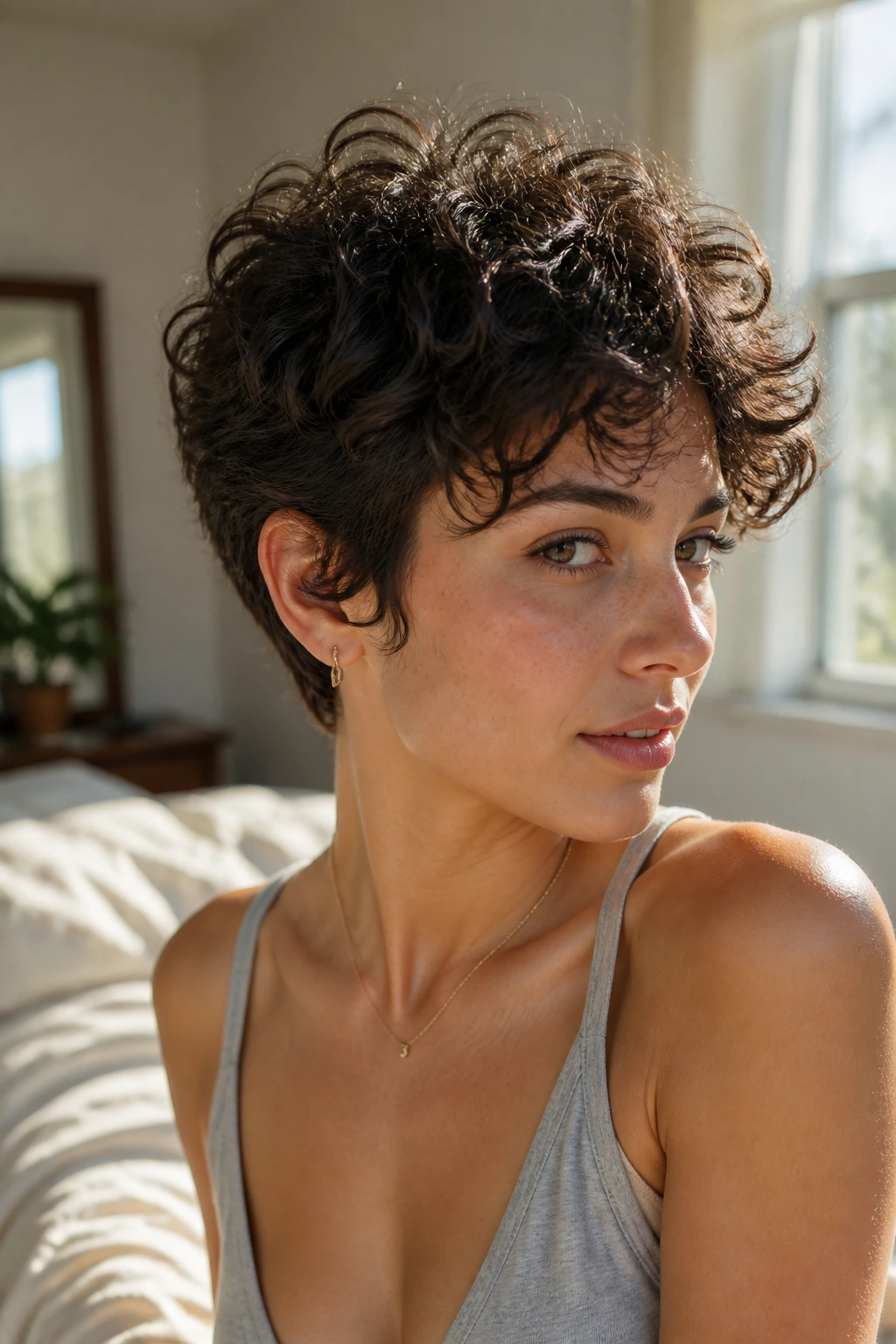 Real person with short curly cut and long top layers showing lifted crown