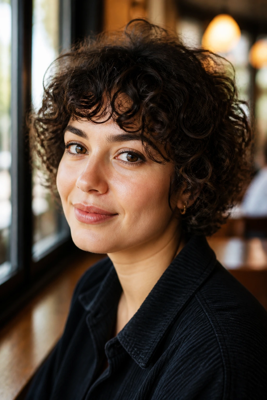 Close-up of a real person with a face-framing fringe in warm indoor light.