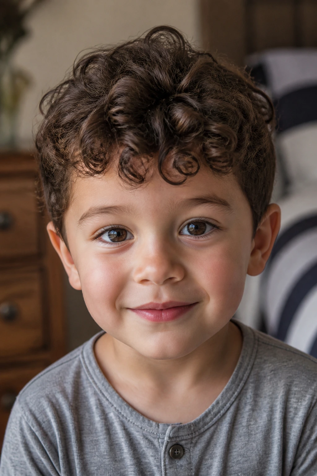 Close-up of a toddler boy with a short curly fringe in a cozy bedroom