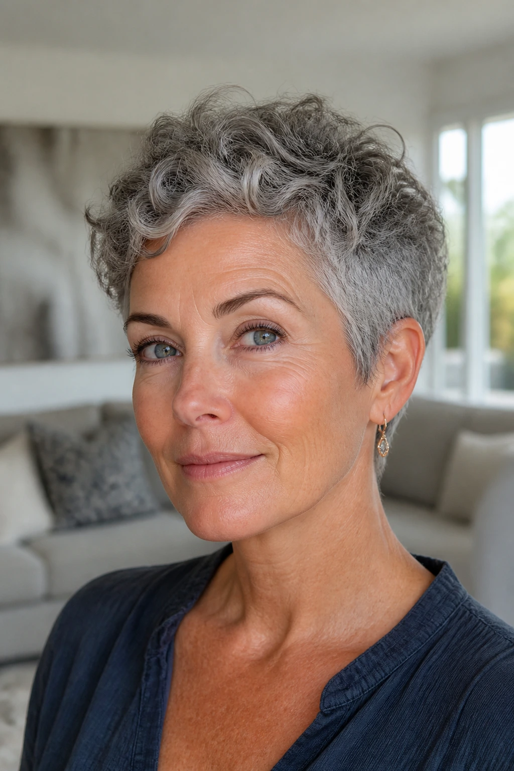 Close-up of a real woman with short curly gray crop hairstyle