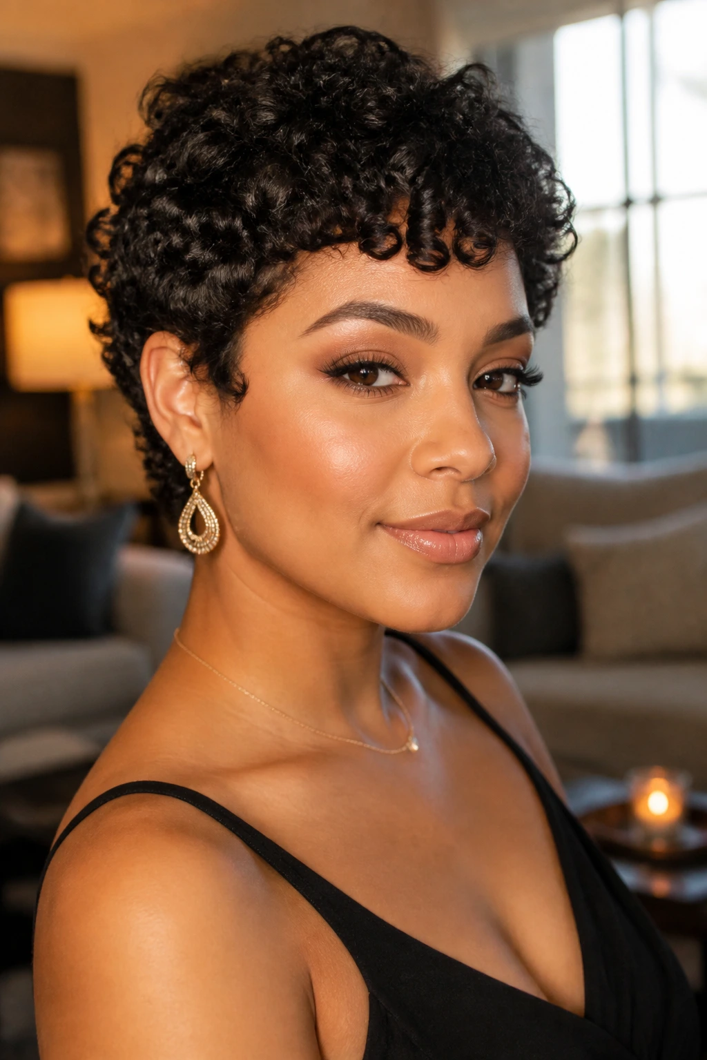 Portrait of a woman with short curls styled for night out