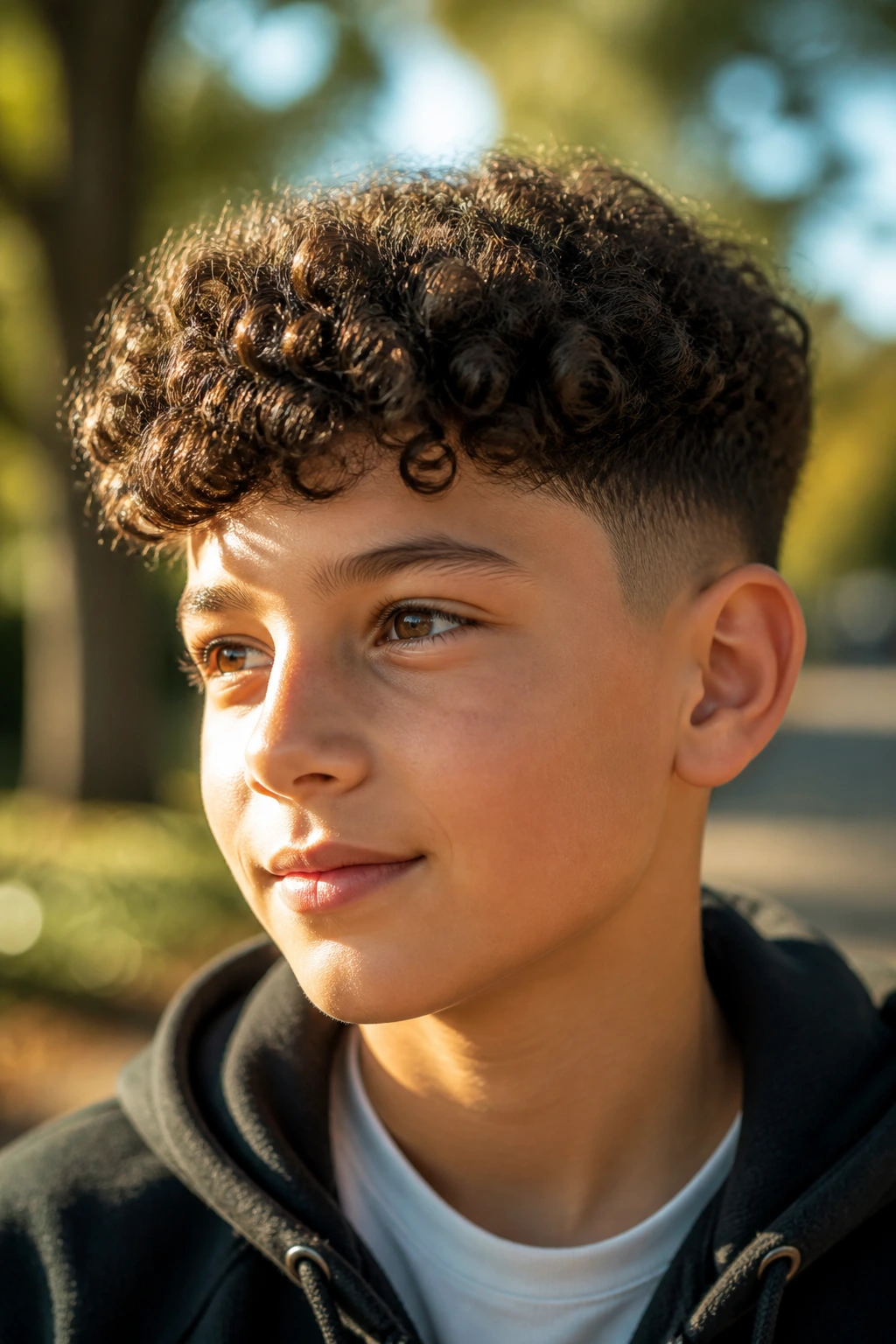 Close-up of a boy's well-shaped short curly haircut in natural outdoor light