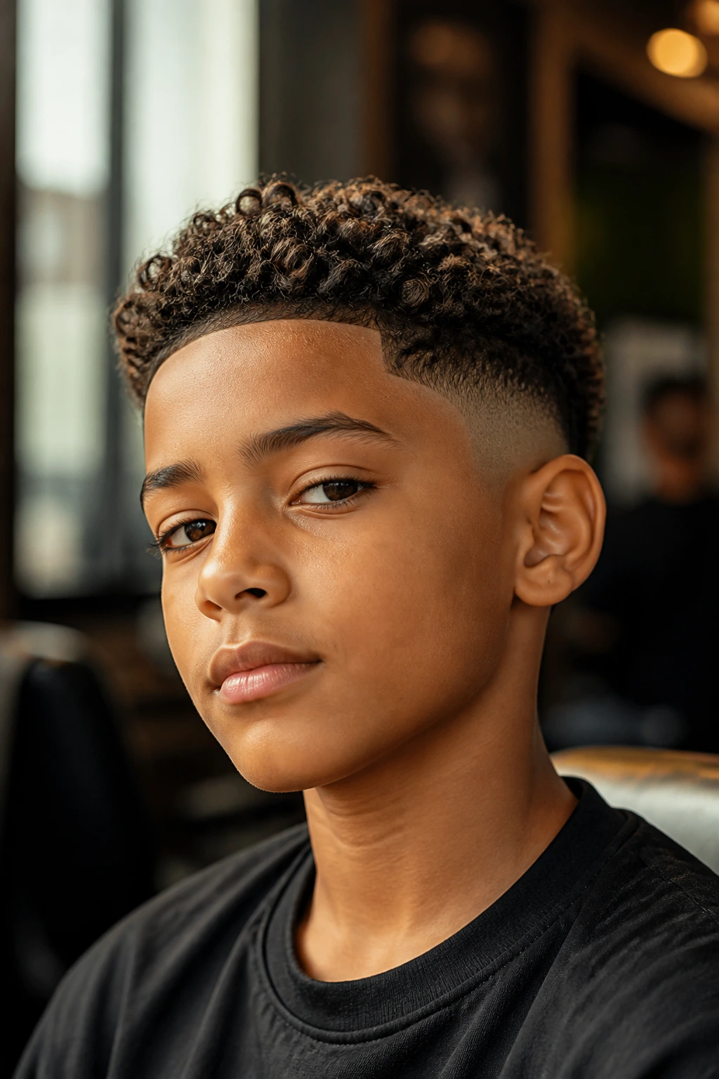 Close-up of a boy with a short curly haircut in a warm barbershop setting showing neat fade and defined curls