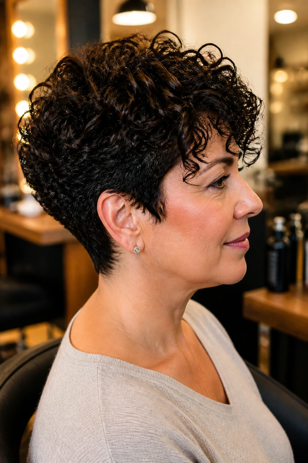 Profile of person with short curly haircut in a salon