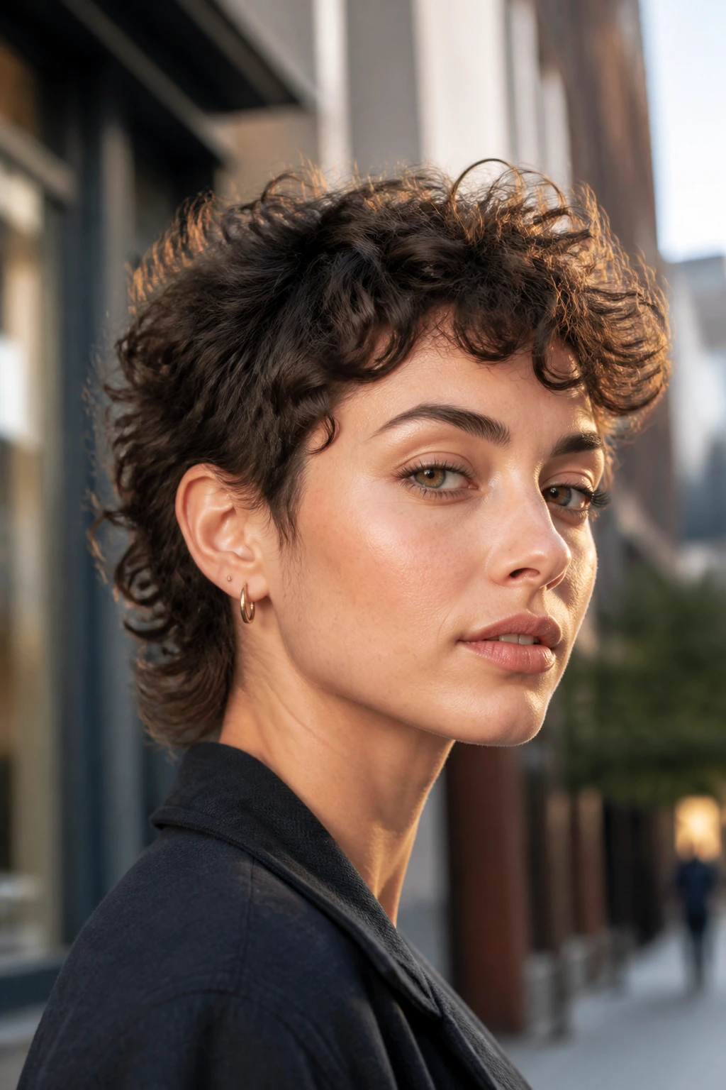 Portrait of a person with a short curly mixie hairstyle outdoors