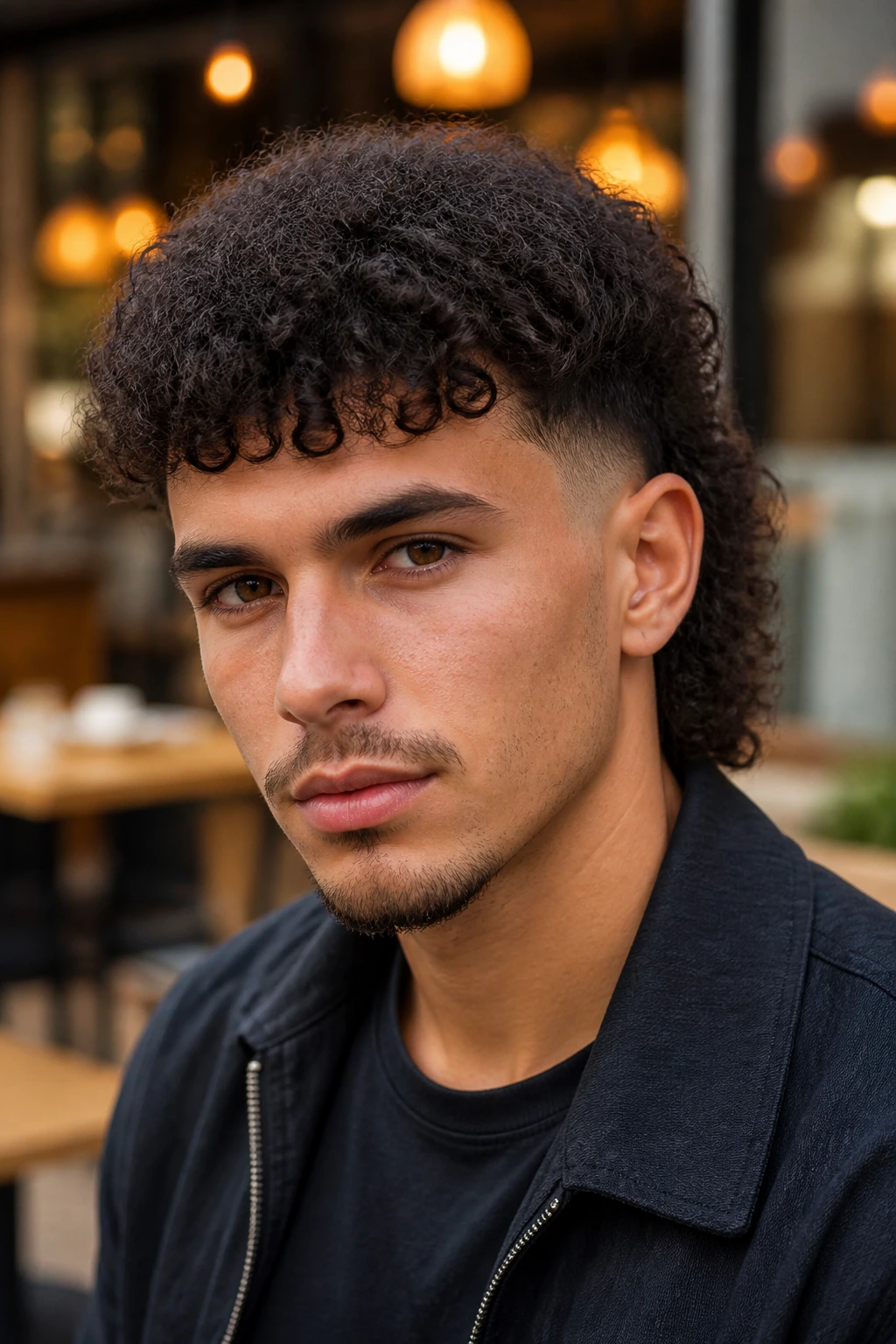 Close-up portrait of a real person with short curly mullet and fade on the sides.