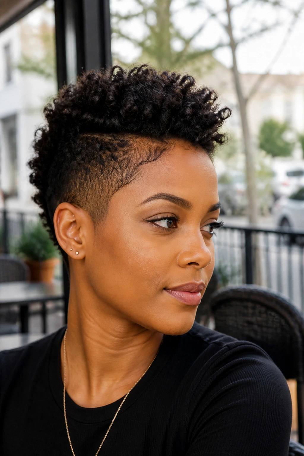 Real person with short curly pixie hawk at a cafe