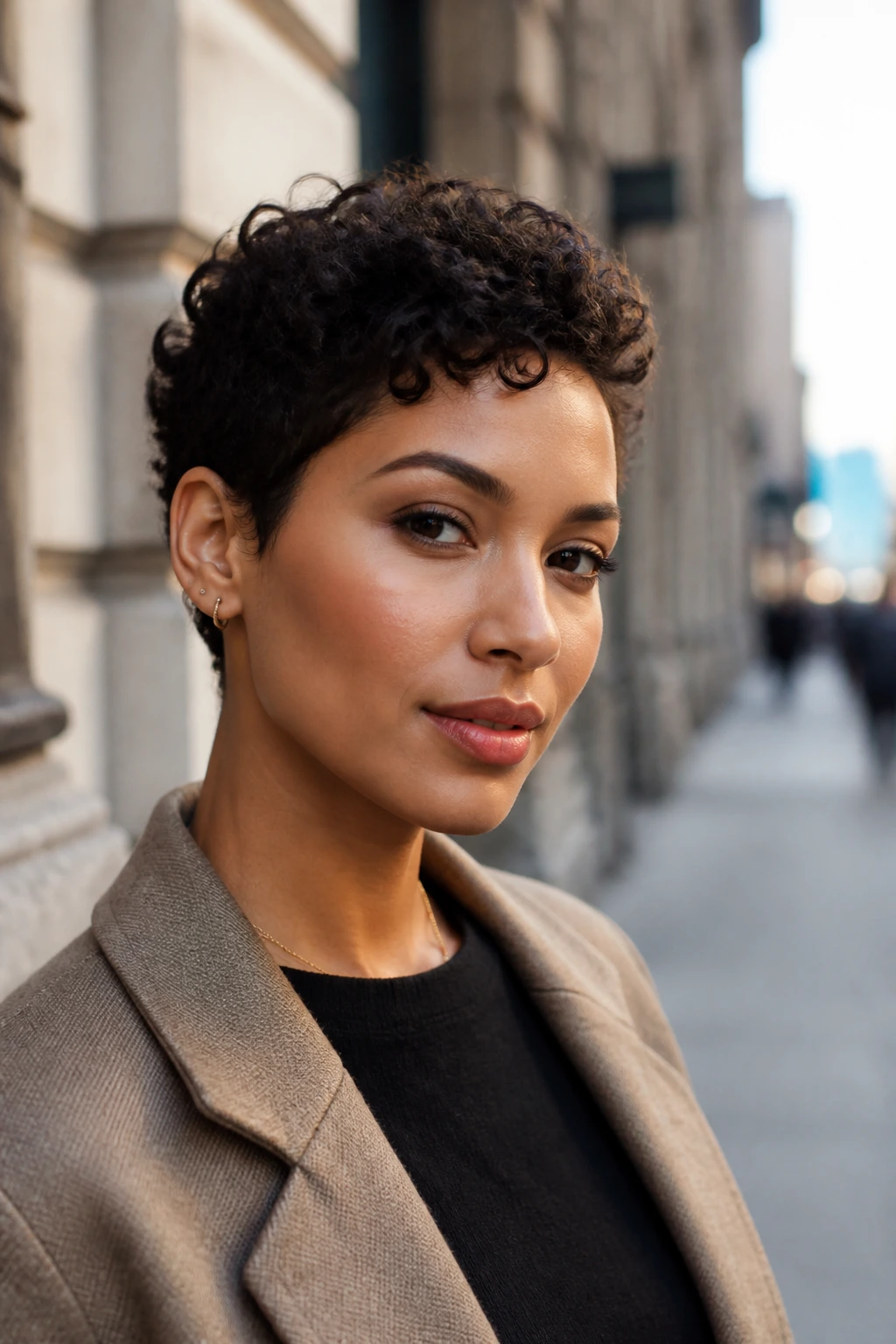 Portrait of a woman with a short curly pixie hairstyle in an urban outdoor setting.