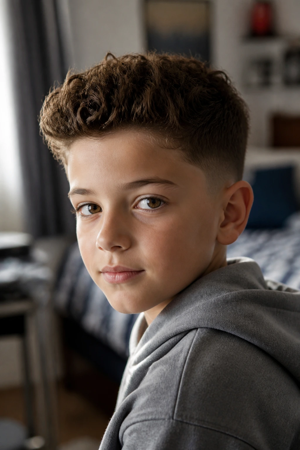 Close-up portrait of a real boy with a short curly quiff under warm window light.
