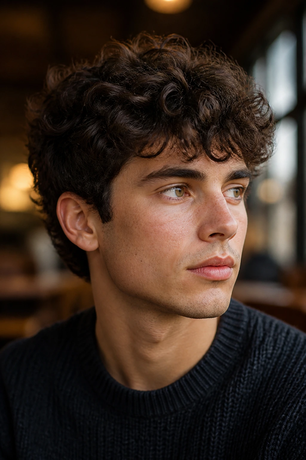 Close-up portrait of a man with a short curly shag haircut.