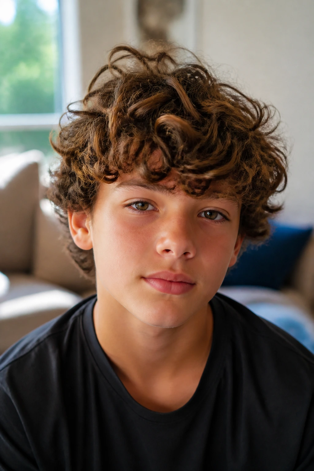 Close-up portrait of a boy with short curly shag hairstyle