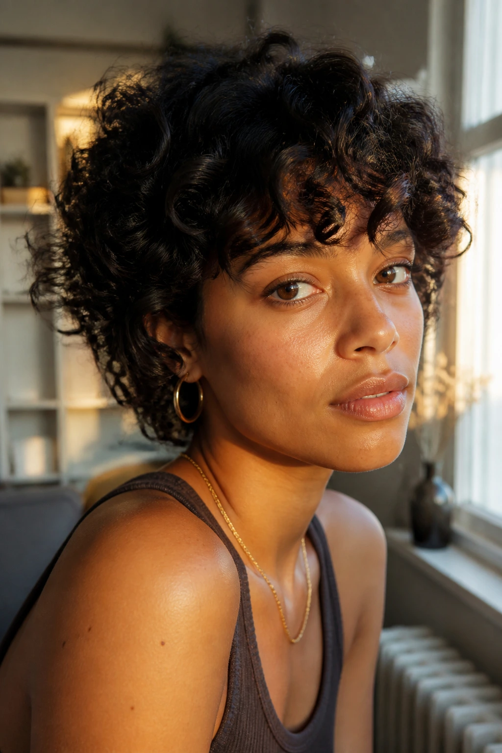 Portrait of person with short curly shag and bangs indoors near a window