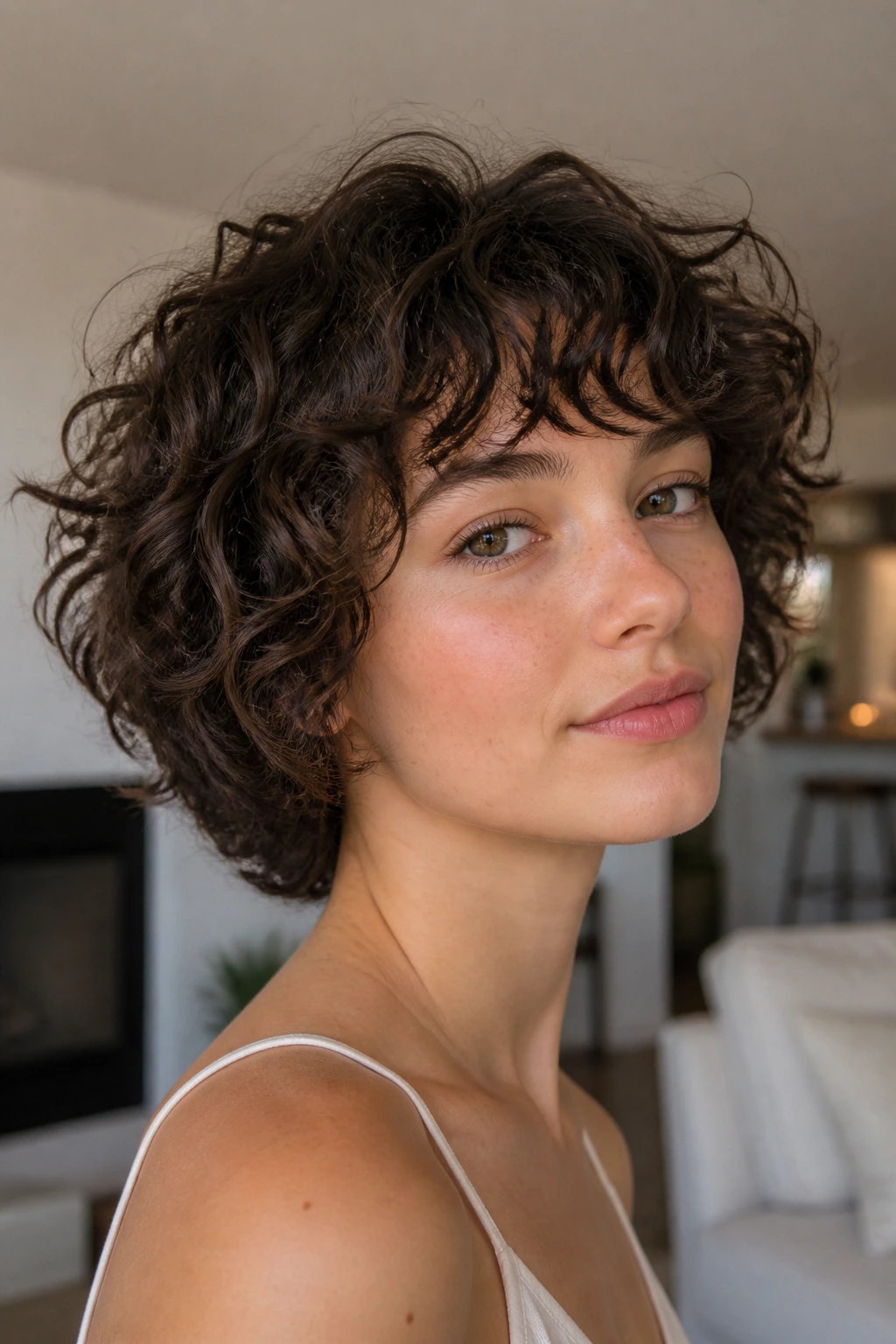 Close-up portrait of a real person with short curly shag hairstyle