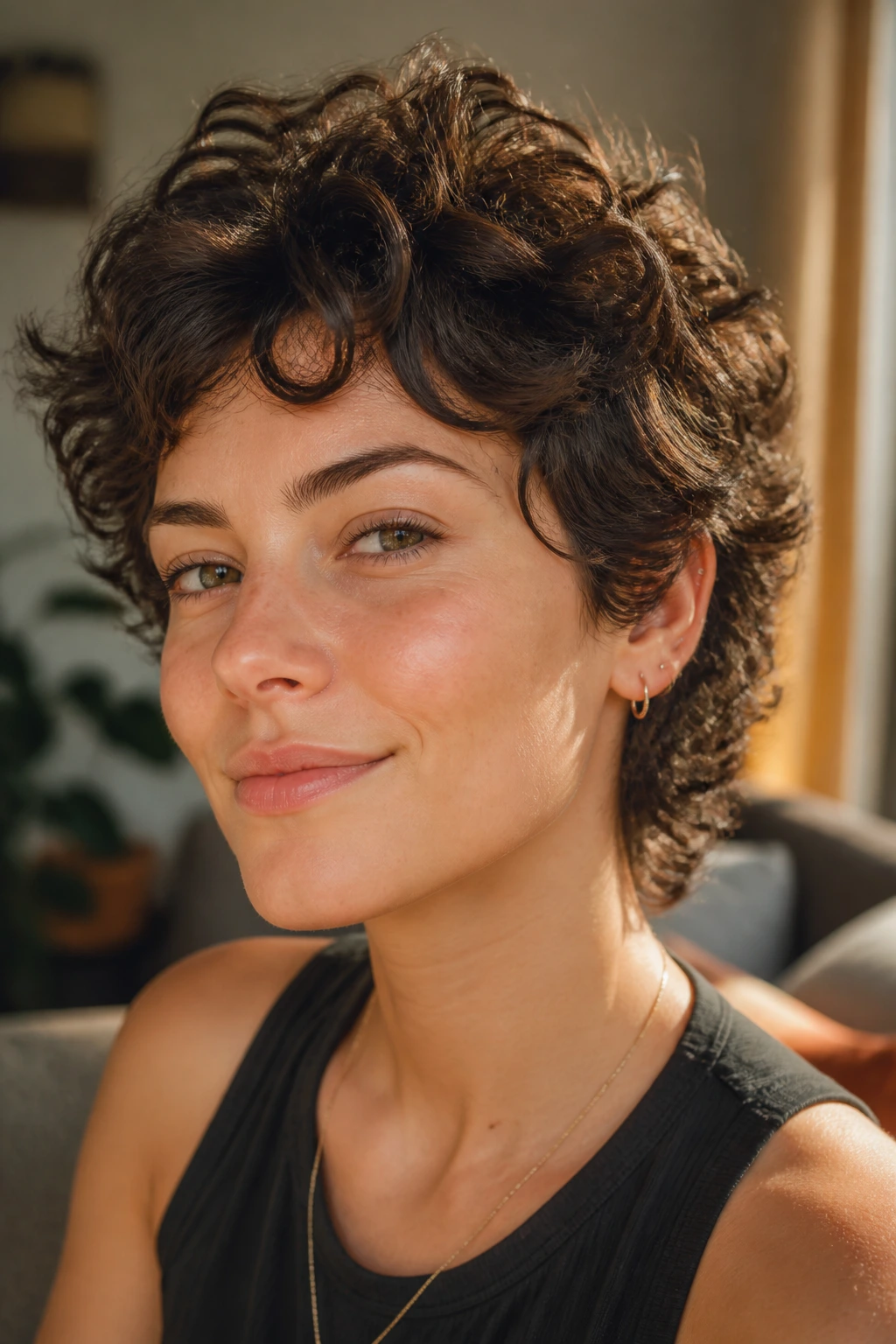 Close-up portrait of a woman with a short curly shag showing lift at the crown