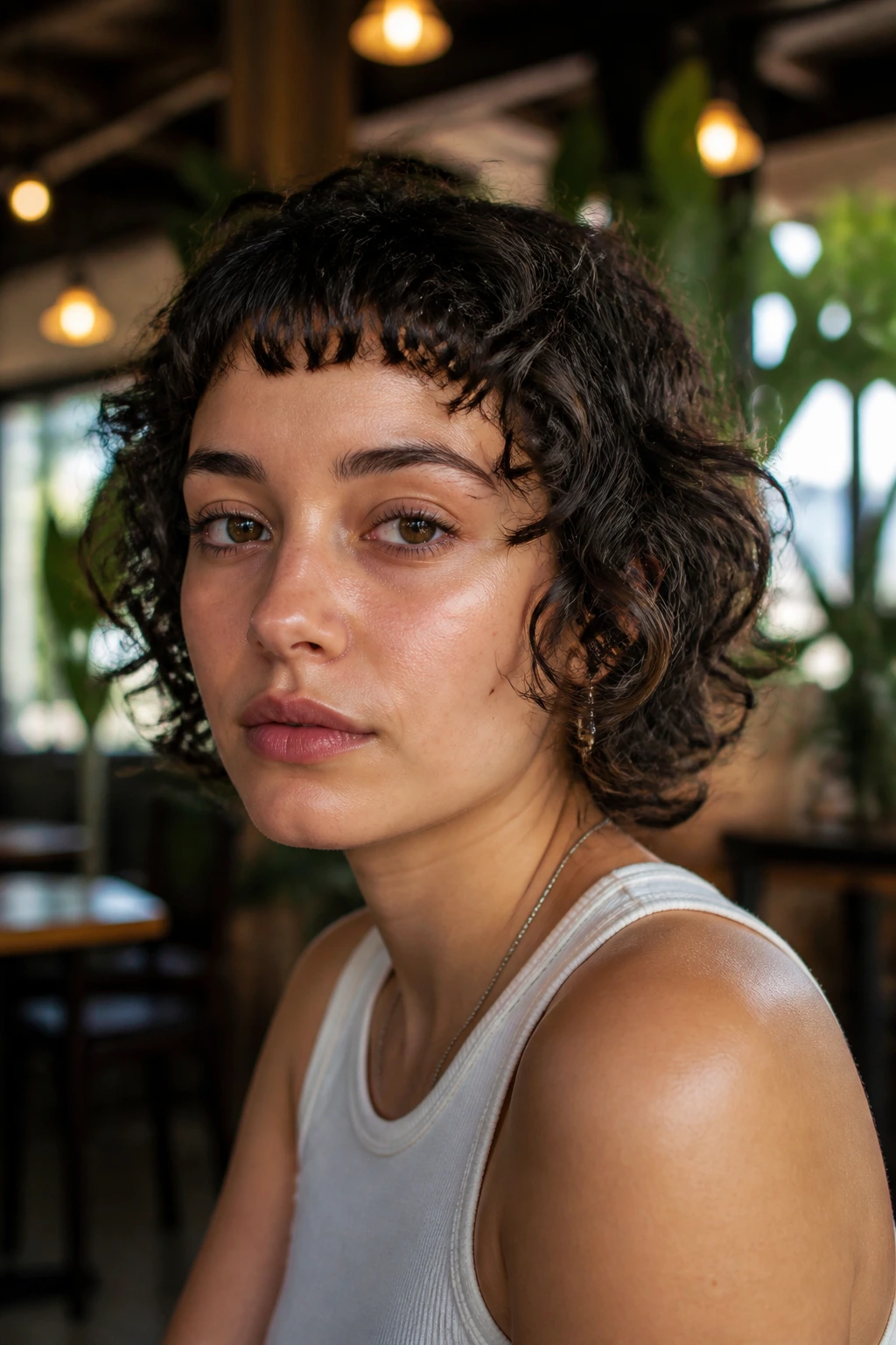 Close-up of real person with short curly shag and micro fringe