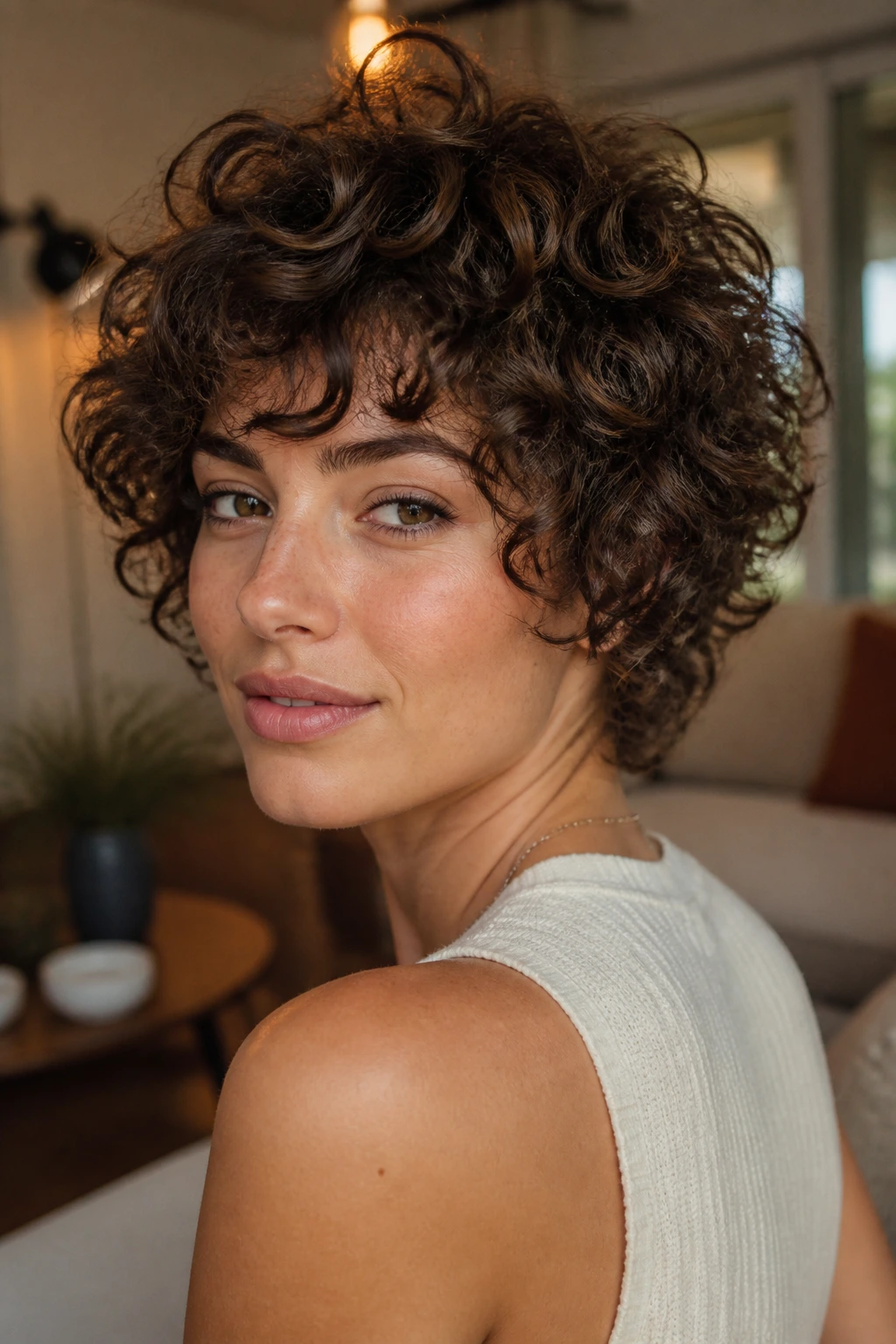 Close-up of a real person with a short curly shag and defined curls