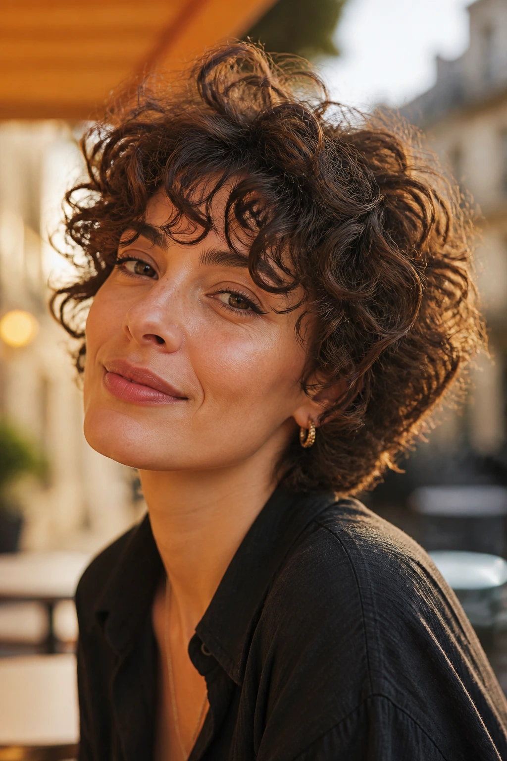 Close-up portrait of real woman with short curly shag hairstyle