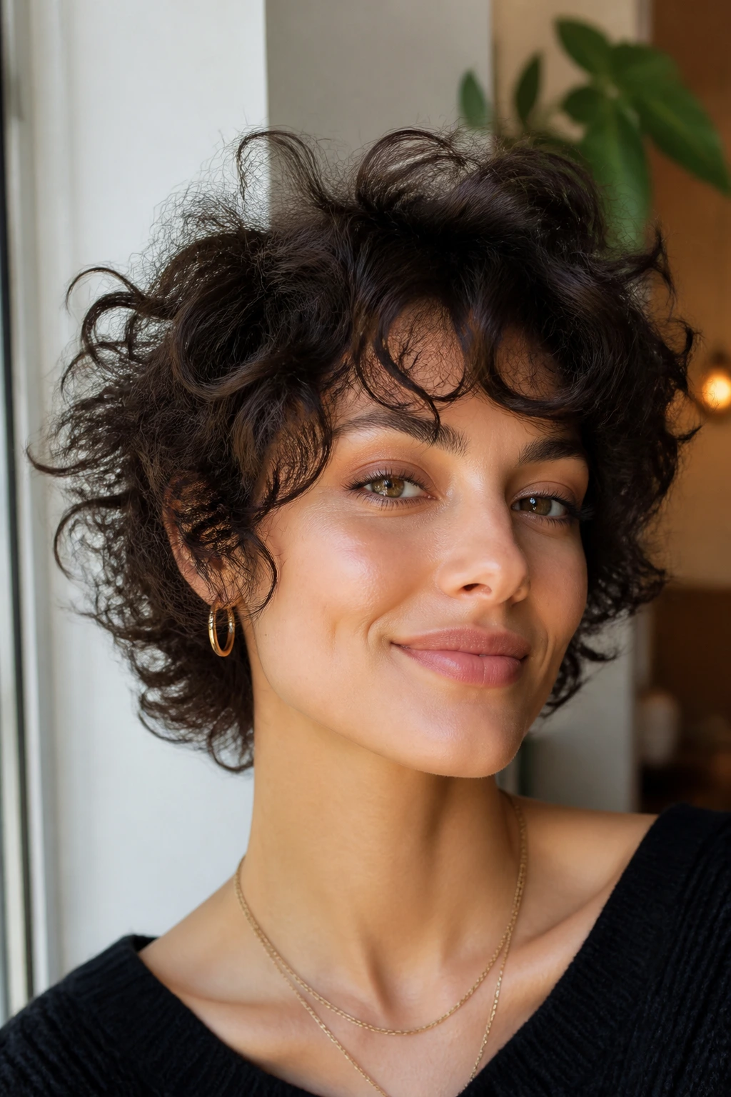 Close-up of a person with short curly shag showing movement