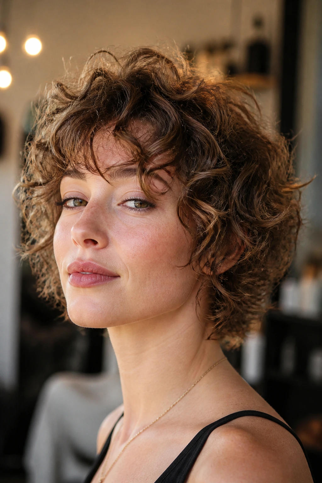 Close-up portrait of real person with short curly shag showing crown lift and defined curls.