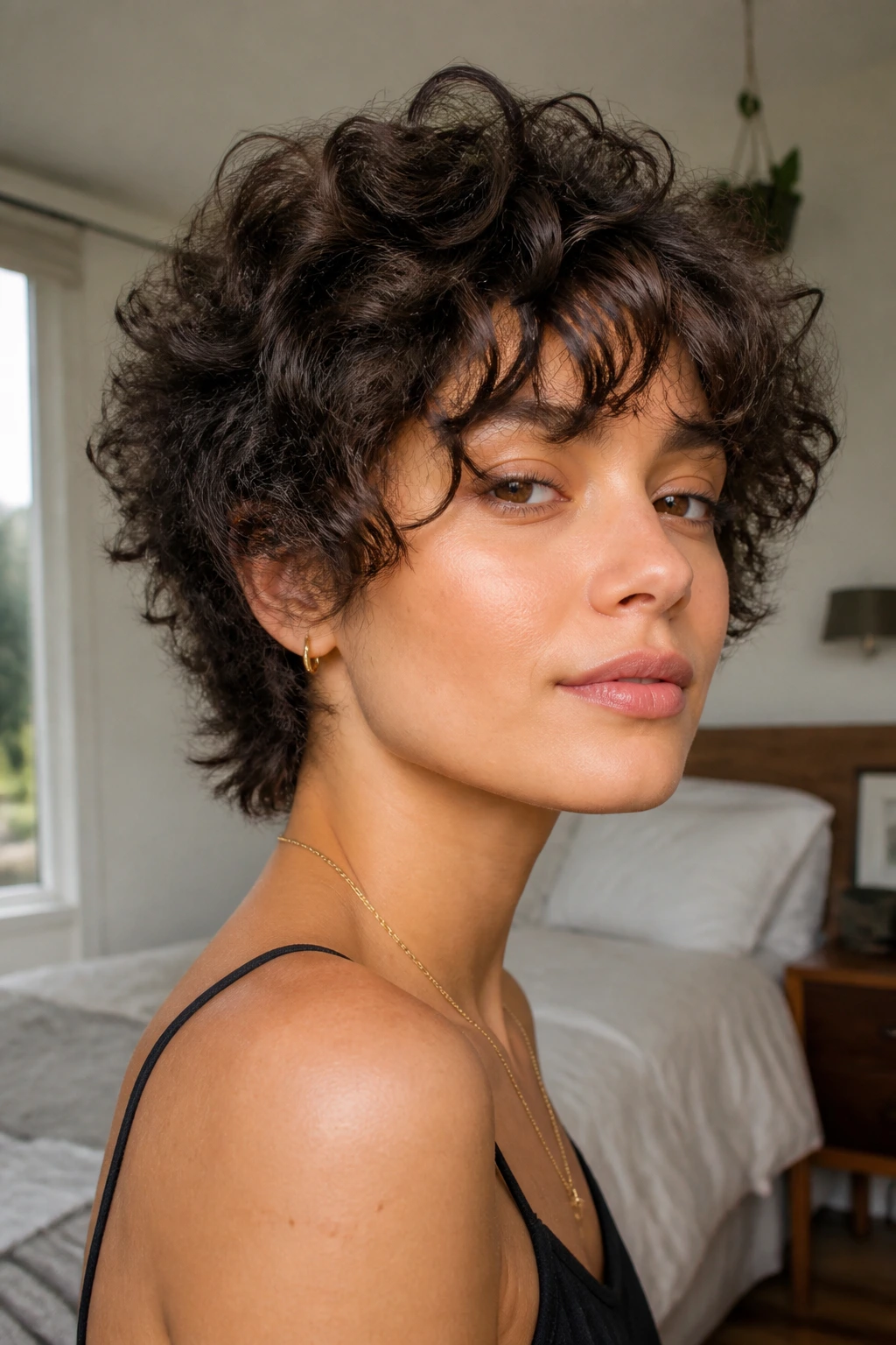 Close-up portrait of a real person with a shrinkage-friendly short curly haircut and lifted crown.