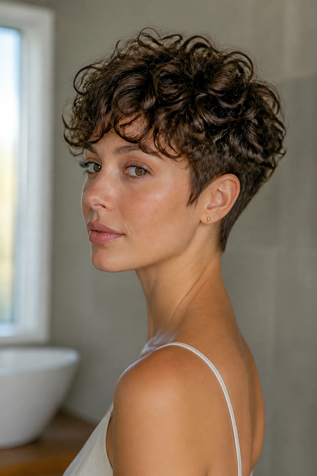 Close-up of a woman with a tapered nape short curly shag hairstyle.