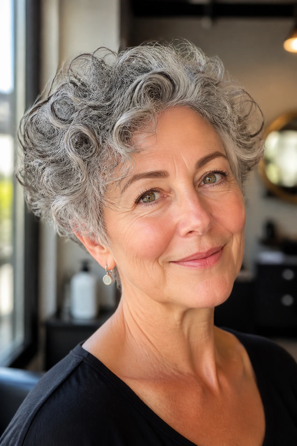 Close-up portrait of a real woman with a lifted-crown short curly hairstyle showcasing shape.