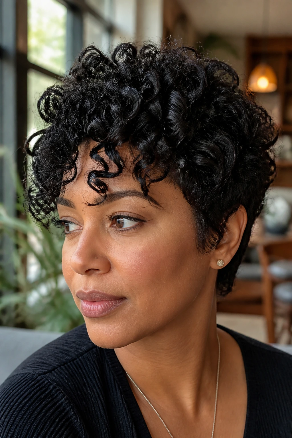 Close-up of a real woman with a shape-holding short curly cut