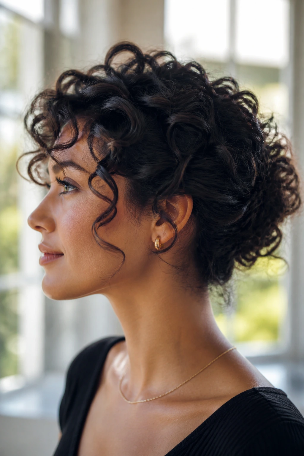 Portrait of a real woman with a short curly updo, side profile