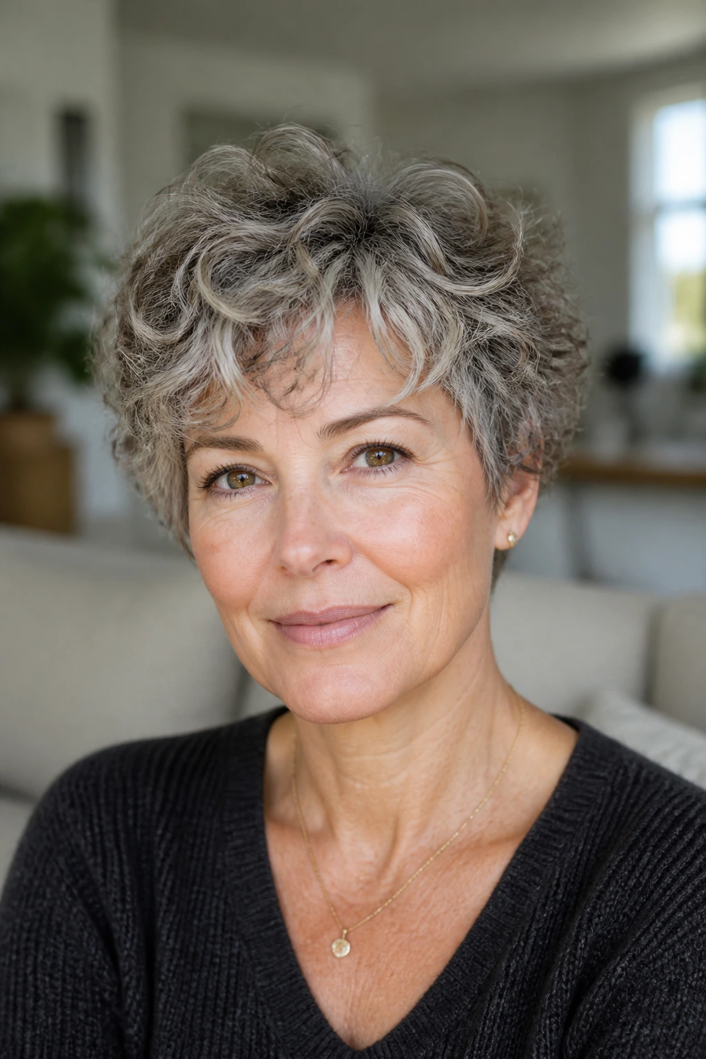 Portrait of a real woman with soft layered short curls