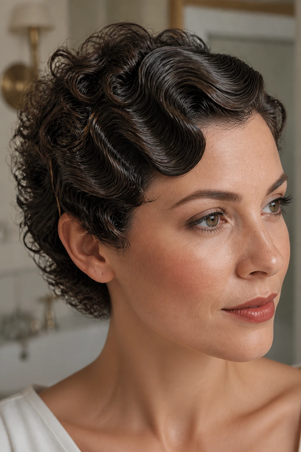 Close-up of a real woman with short curly hair sculpted into vintage waves
