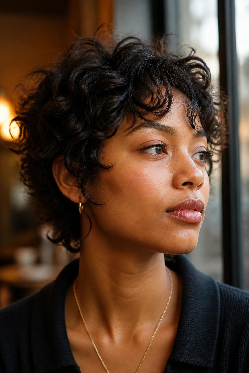 Close-up of a real person with a short curly wolf cut featuring crown lift and choppy layers.
