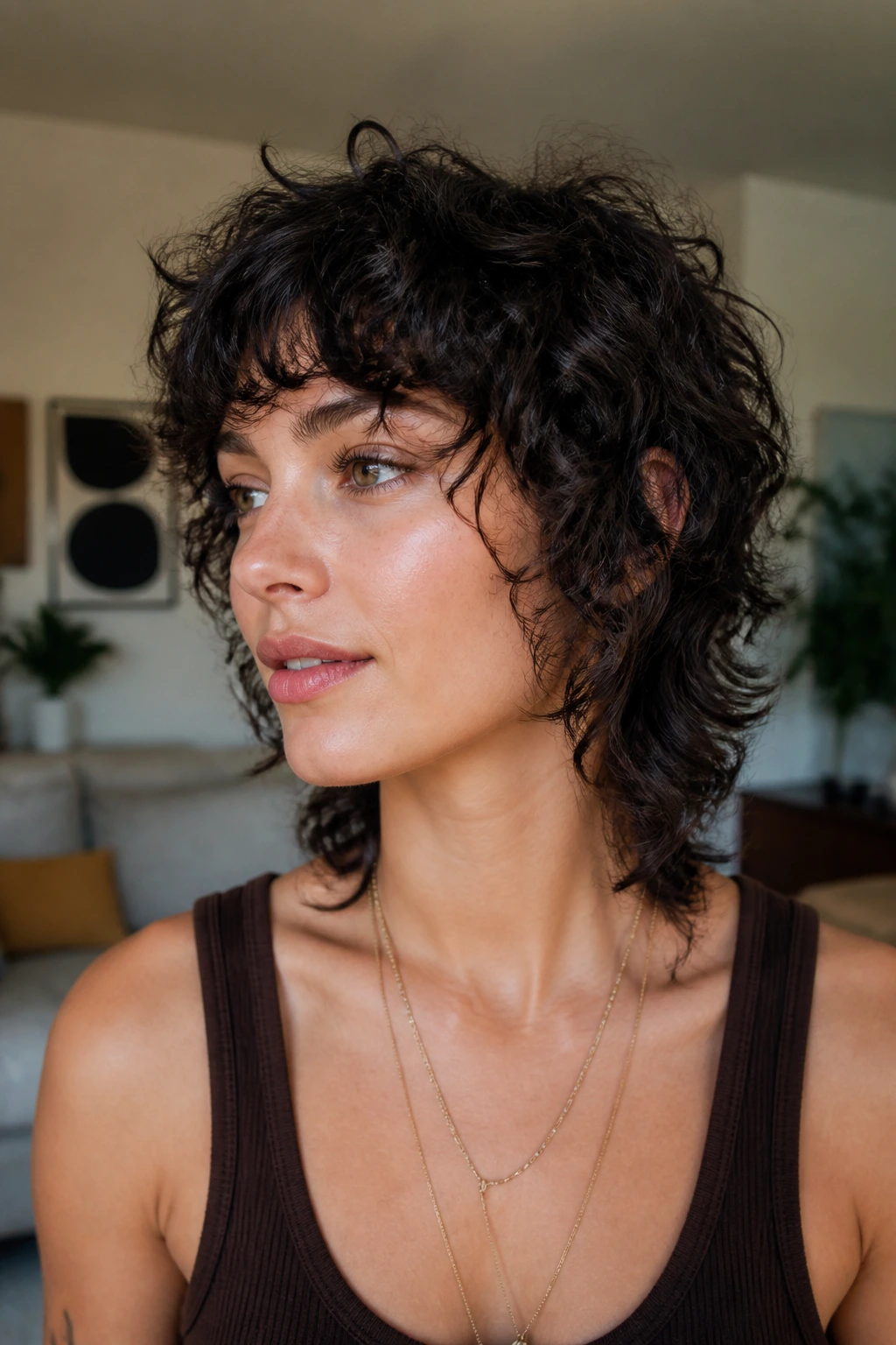 Close-up of short curly wolf cut on a real woman