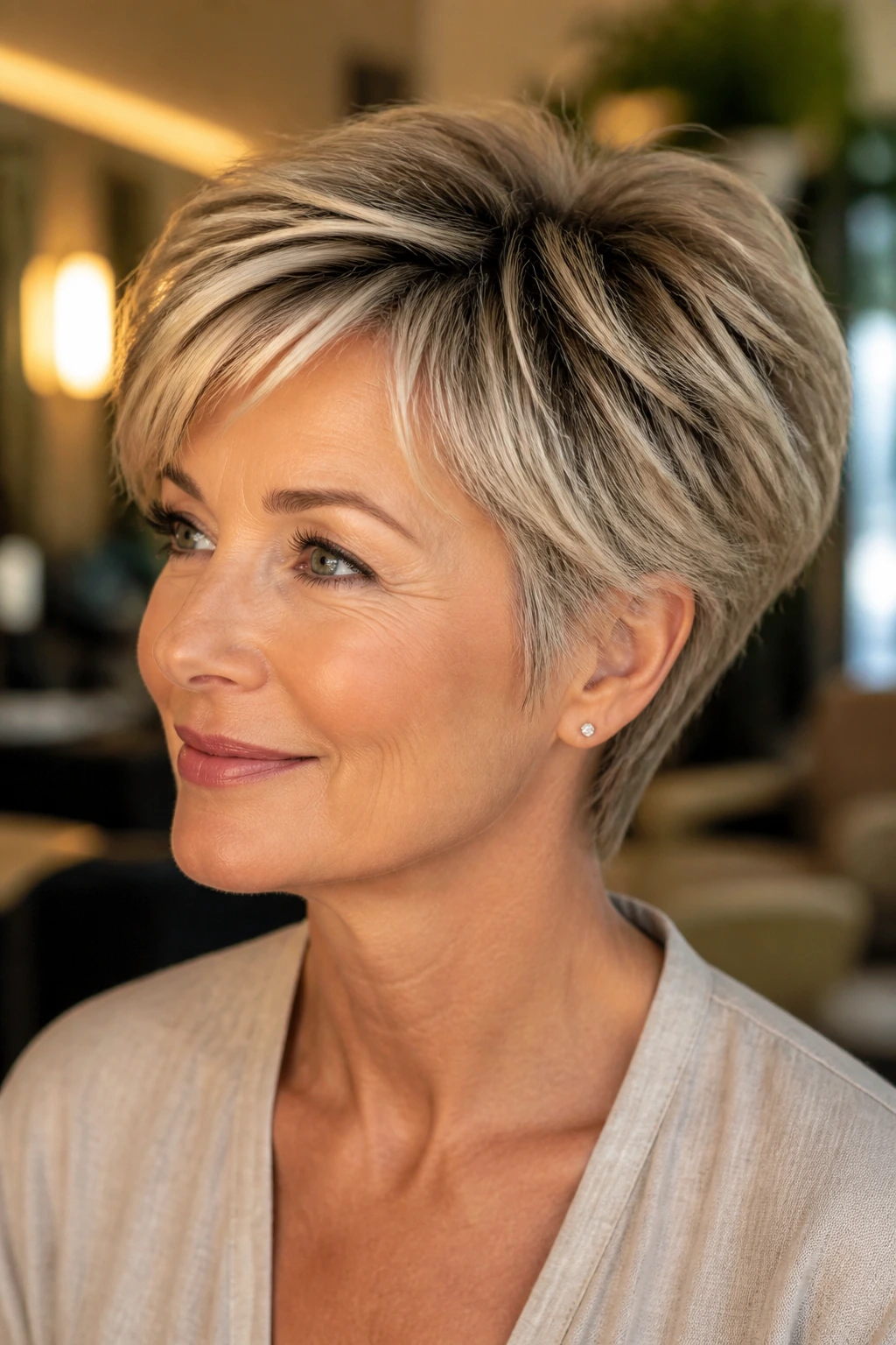 Close-up portrait of a real woman with a chic short cut and crown cowlick in warm salon light