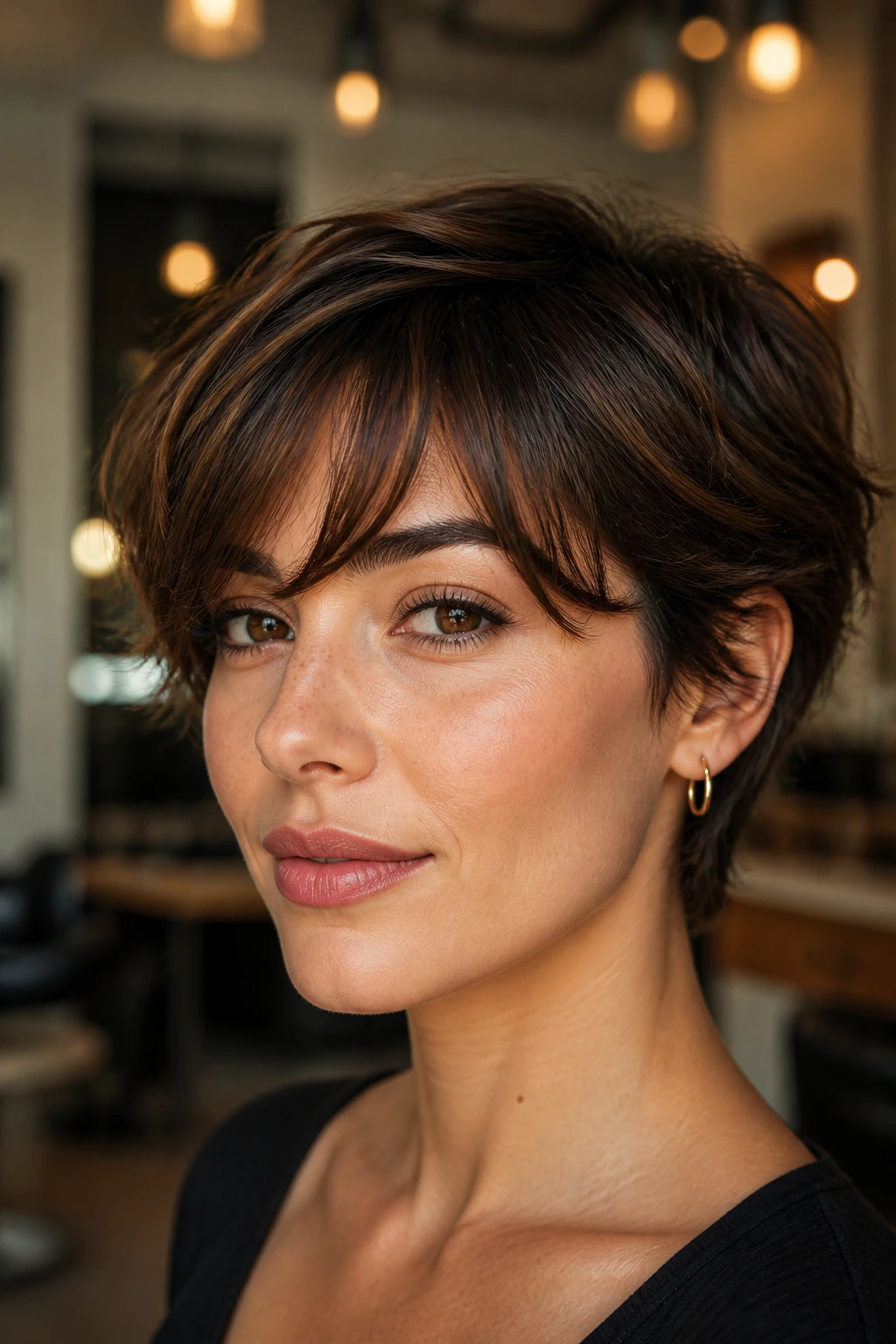 Portrait of real person with versatile short cut in a salon setting