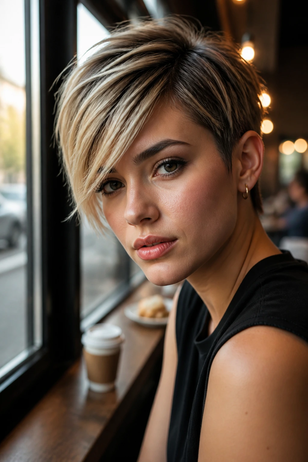 Close-up of a real person with a short cut and long fringe sweeping to the side