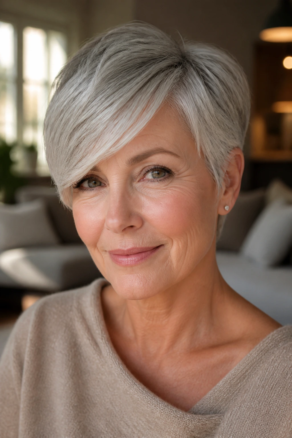 Close-up portrait of a real woman with a long side fringe on a short haircut